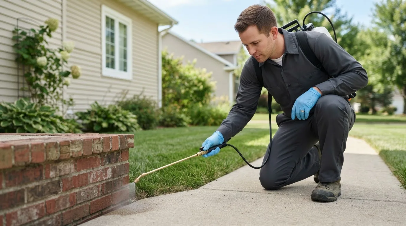 Pest control technician treating a home near Woodmere, NY