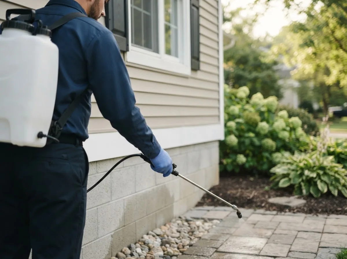 Pest control technician inspecting a home in Woodmere, NY